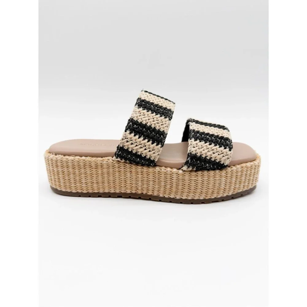 Marc Fisher Pelma Double Band Flatform Sandals Raffia Stripe Black 6.5 NEW